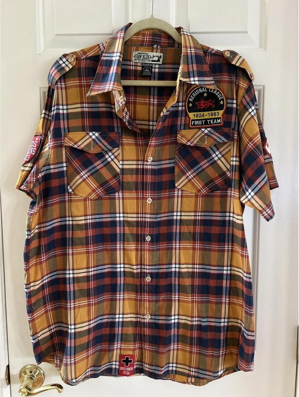 Swagnificent Raw Blue Button Down Shirt Mens 2XL Rugby Themed Shirt Plaid